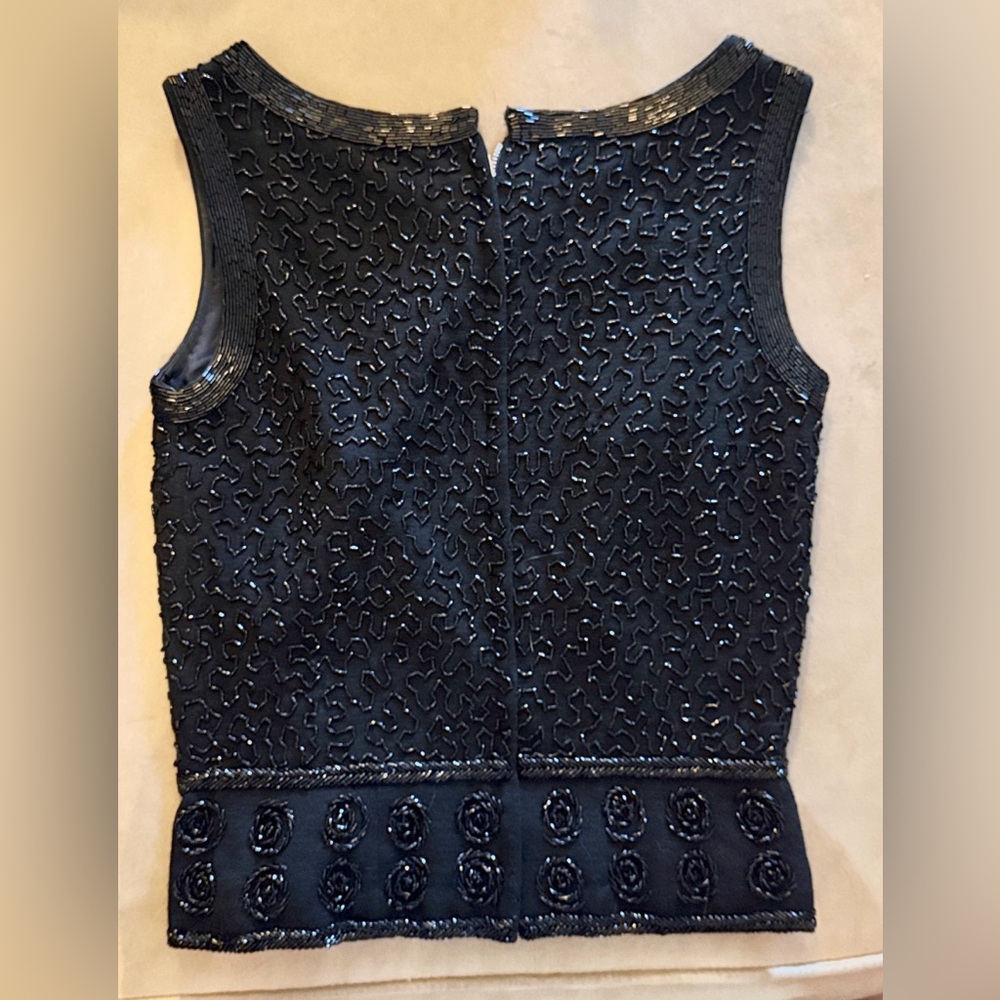 Vintage Elegance! Glimmering Hand Beaded Satin Lined Dark Black Tailor Fit Top
